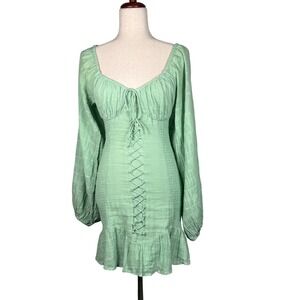 Sabo Kait Skirt Dress Green Long Sleeve Lace Up Ruffle Hem Ruching Mini‎ Size S
